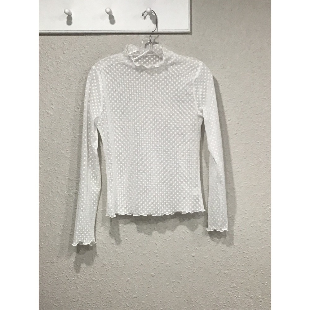 Unbranded Sheer Mesh Swiss Dot Mock Neck Top White Womens L Coquette Cottage Y2K